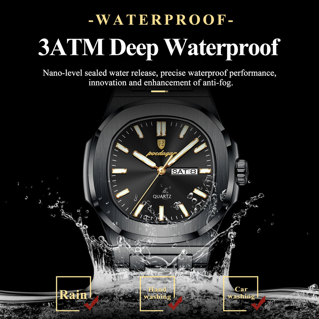 POEDAGAR Luxury Square Men's Watches Waterproof Luminous Date Week Men Watch Stainless Steel Fashion Quartz Man Wristwatch Reloj - Sun Studio