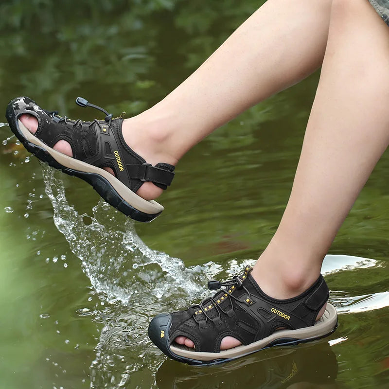 Men's Sandals Top Cowhide Upper Hollow Out Round Toe Outdoor Beach Walking Non Slip Durable Summer Beach Shoes Adjustable Buckle - Sun Studio