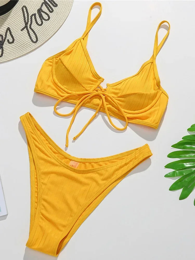 Ribbed Underwired V-Bar Bikini 2025 Women Swimsuit Female Swimwear Two Pieces Bikini Set Knotted Push Up Bathing Suit Swim Lady - Sun Studio