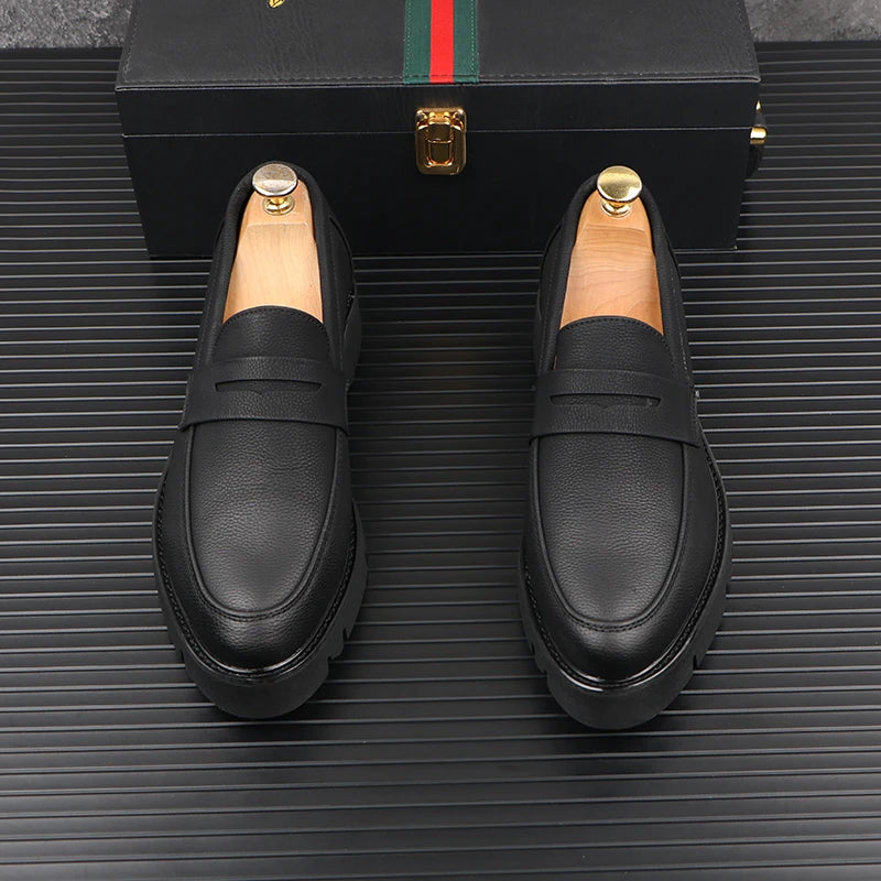 men casual genuine leather shoes slip-on driving shoe business wedding formal dress black trendy platform loafers mans footwear - Sun Studio
