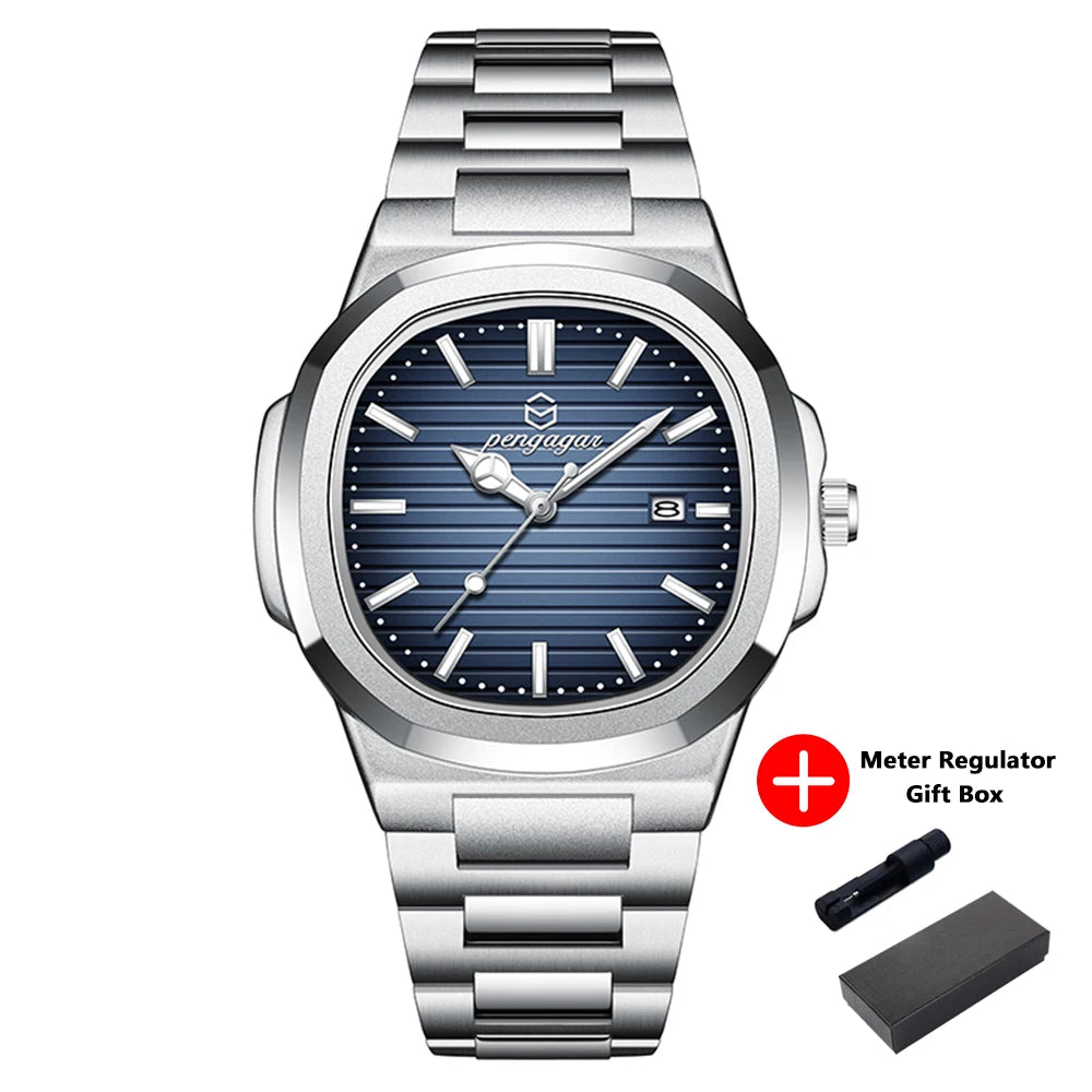 PENGAGAR Luxury Square Fashion Man Wristwatch Waterproof Luminous Date Week Quartz Men's Watches Stainless Steel Men Watch Reloj - Sun Studio
