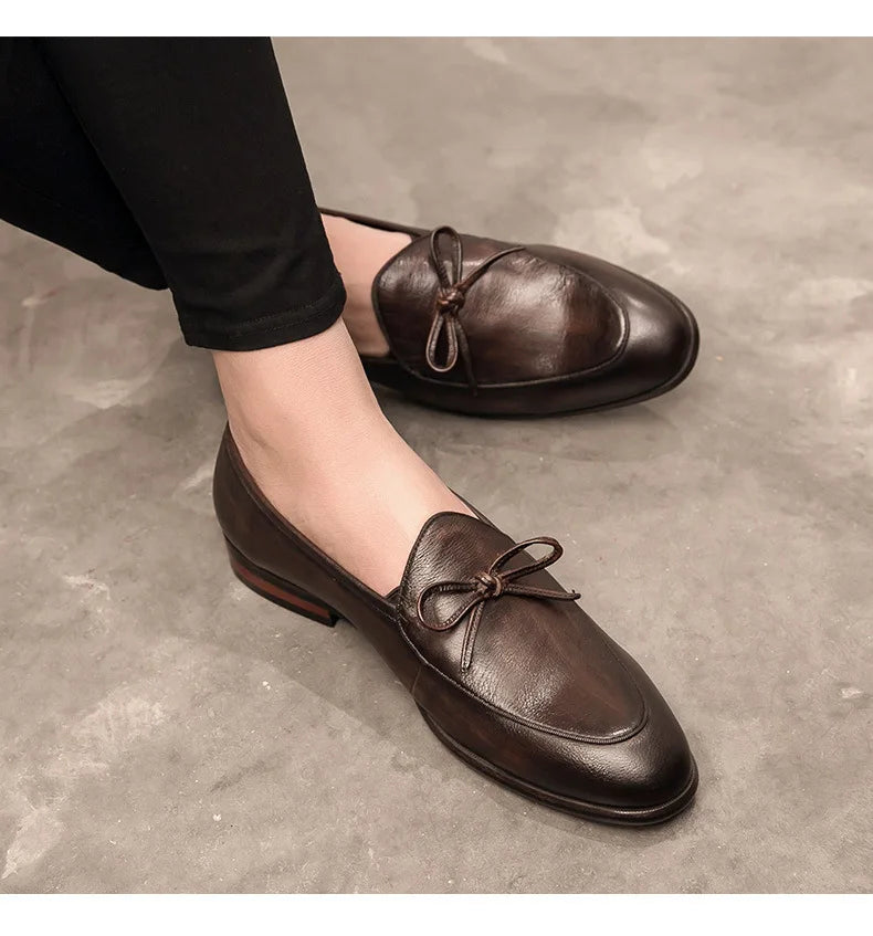 Genuine Leather Men Loafers Handmade Square Toe Butterfly-knot  Solid Handmade  Zapatos De Vestir Hombre - Sun Studio
