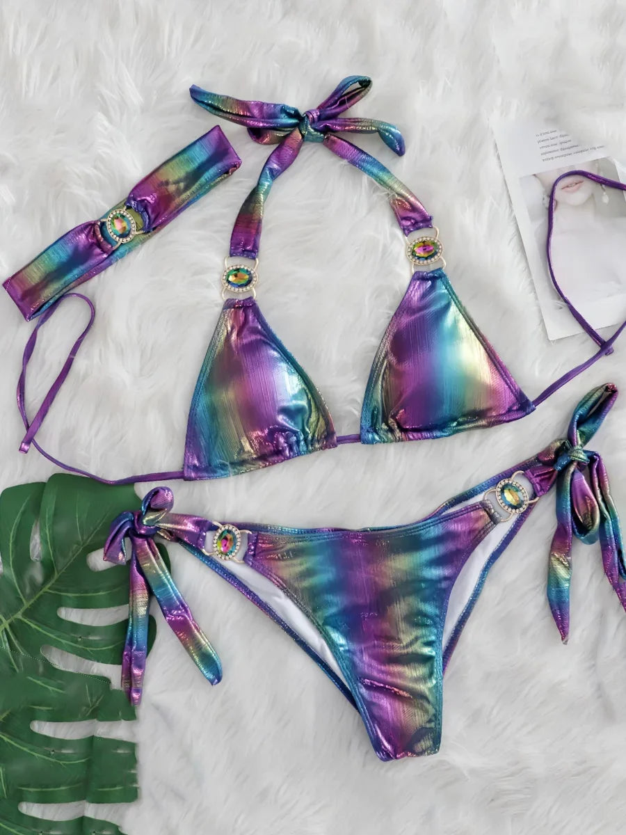 Halter Rhinestone Diamant Bikini Frauen Badeanzug Weibliche Bikinis Metallkette Badebekleidung Zweiteiliges Bikini Set Badeanzug Schwimmen Damen