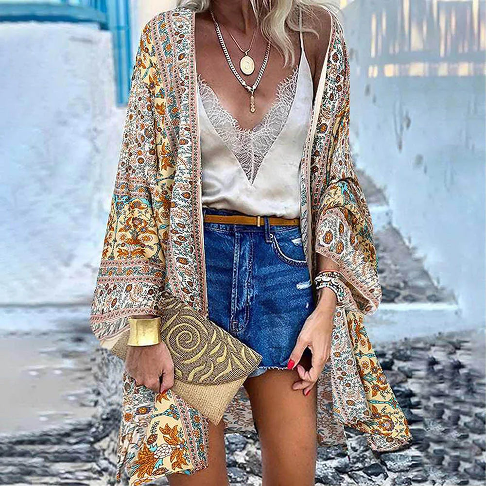WeHello 2023 Summer Bohemian Casual Cloak Cardigan for Swimsuit woman Beach Swimwear Tops Long Sleeved Shawl Chiffon Shirt - Sun Studio