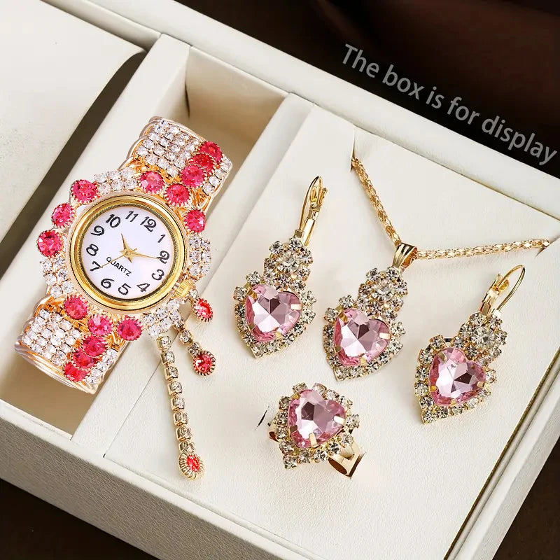 5PCS Luxury Rhinestone Women Watches Jewelry Set Fashion Adjustable Bangle Ladies Quartz Wristwatch Reloj Mujer（Without Box） - Sun Studio