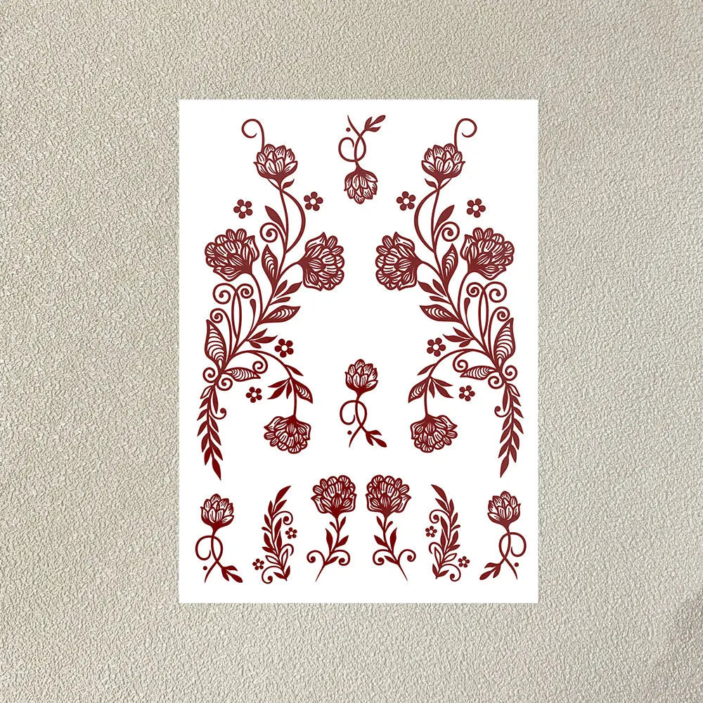 Wasserdichtes Blumen Hand Tattoo für Frauen Maroon Henna Tattoo Aufkleber für Hand Finger Körperkunst Einweg Fake Tattoo Festival