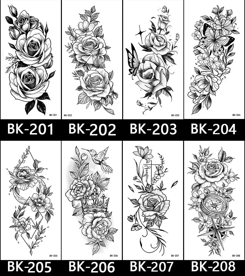 Black White Temporary Transfer Tattoos Floral Butterfly Lettering Line Art Waterproof Body Stickers for Music Festival Party - Sun Studio