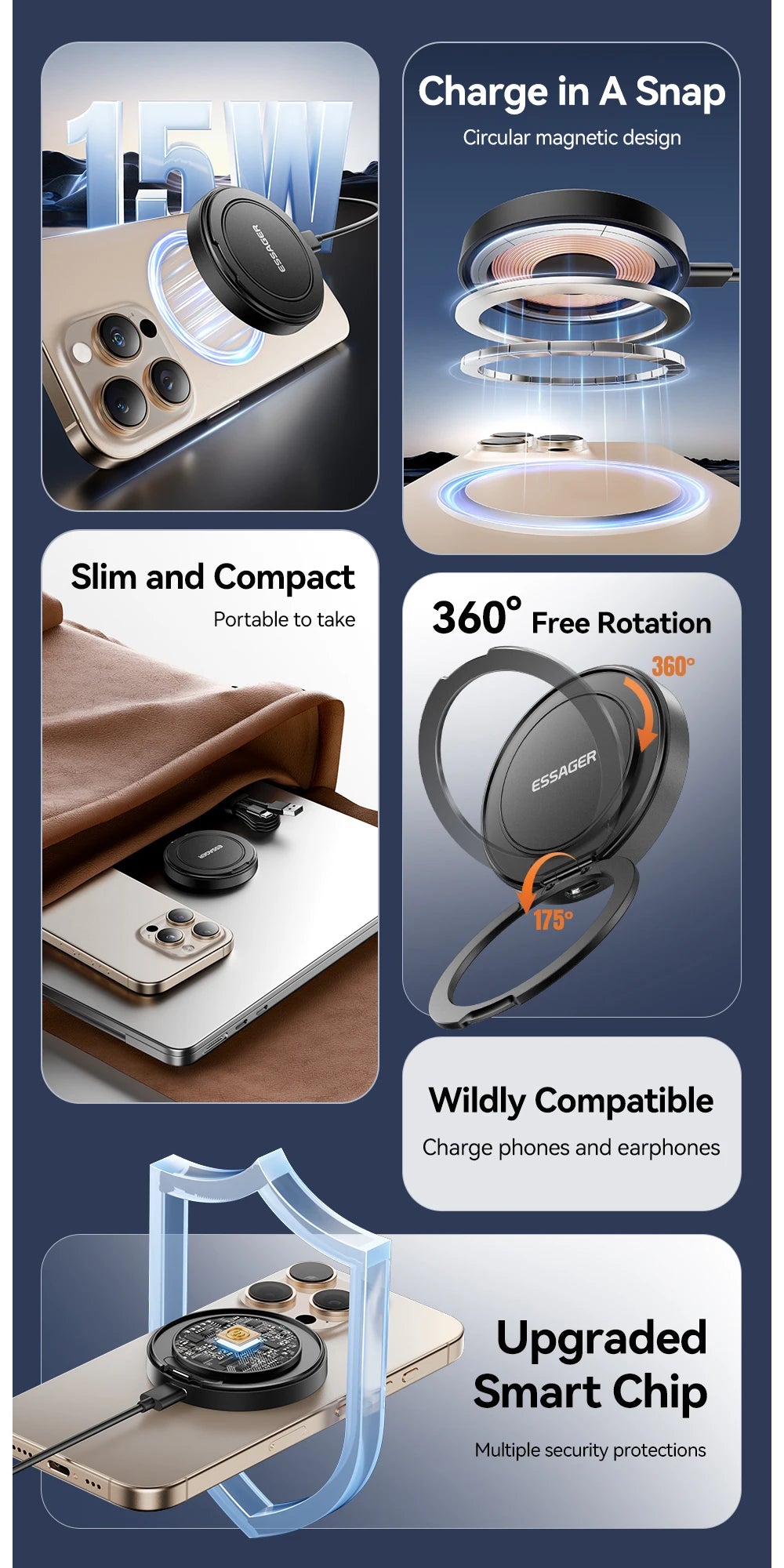 Essager Magnetic Wireless Charger With Holder 15W Fast Charging For iPhone17 16 15 14Pro Max Airpods Mini Wireless Phone Charger - Sun Studio