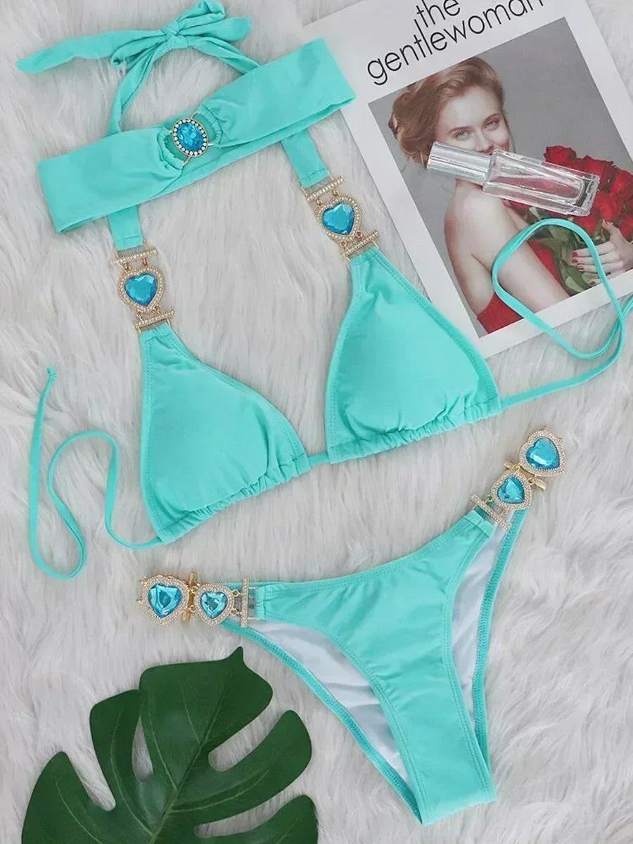 Halter Rhinestone Diamant Bikini Frauen Badeanzug Weibliche Bikinis Metallkette Badebekleidung Zweiteiliges Bikini Set Badeanzug Schwimmen Damen