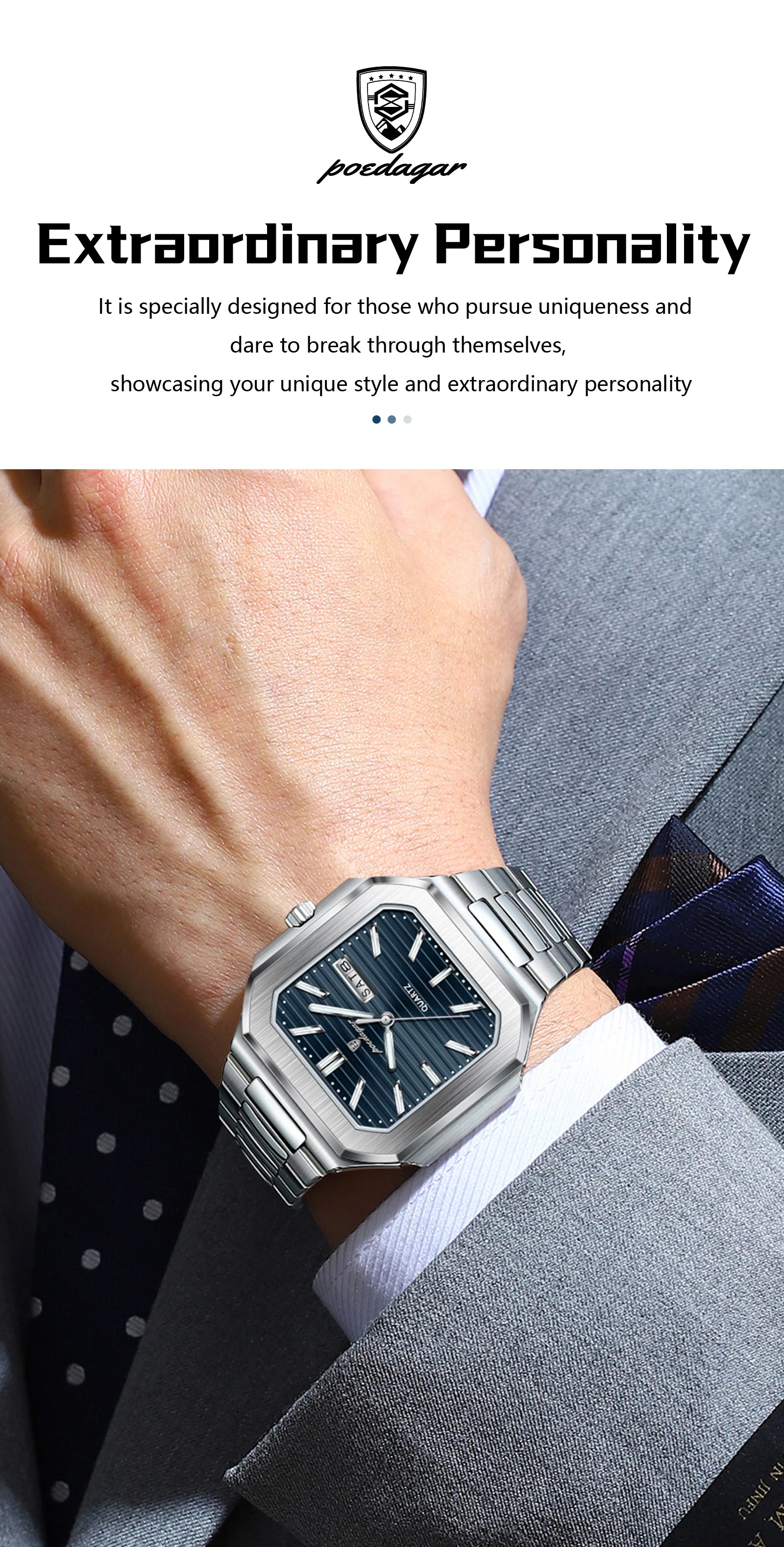 POEDAGAR Square Fashion Man Wristwatch Waterproof Luminous Date Week Quartz Men's Watches Stainless Steel Luxury Men Watch Reloj - Sun Studio