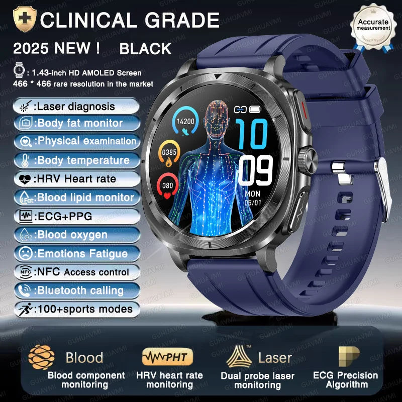 New ECG Laser Diagnosis Blood pressure Smart Watch Accurate Uric Acid Lipid Organ monitor Clock NFC Call Health Men Watches 2025 - Sun Studio