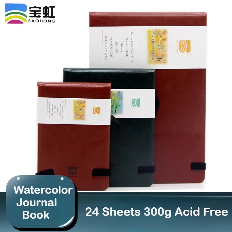 Baohong 24 Sheets Watercolor Travel book Leather Linen-Bound Cotton Paper Sketch Pads 300g Acid Free for On-the-Go Art Drawing - Sun Studio