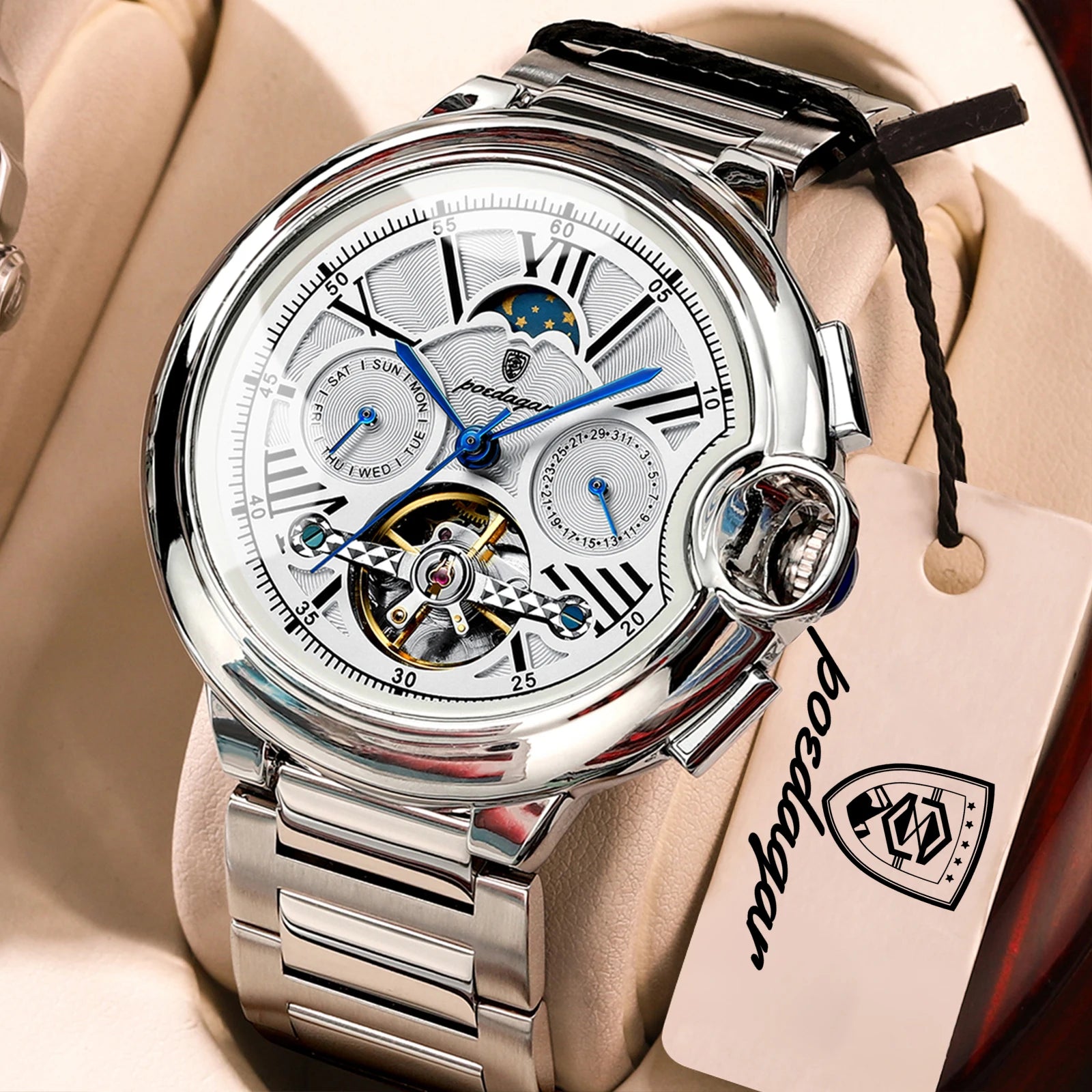 POEDAGAR Luxury Male Watch Business Date Week Stainless Steel Tourbillon Men Clock Waterproof Automatic Mechanical Men's Watches - Sun Studio