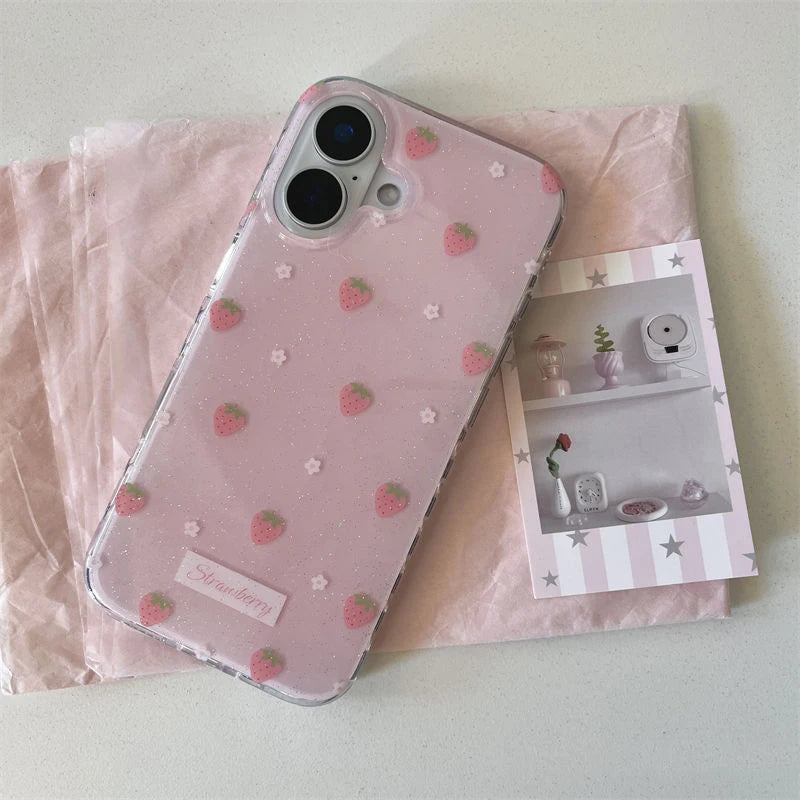 Japan Korean Ins Sparkling Pink Flowers Strawberry Minimalism Phone Case For iPhone16 15 14 13 12 11Pro Max Plus Anti Fall Cover - Sun Studio