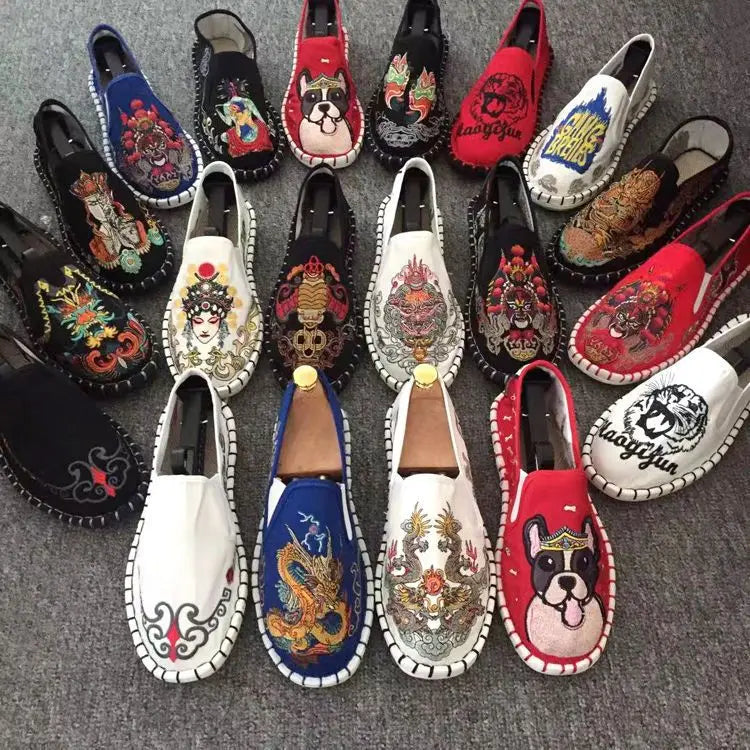 Old Beijing Cloth Shoes Embroidery Flower Social Guy Male Moccasin-Gommino Student Casual Shoes Fashion National Chinese Style - Sun Studio