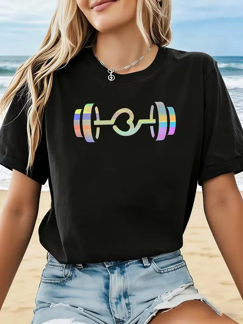 The Gym Is My Therapy Graphic T-Shirt Dumbbell Weightlifting Print Soft Casual Short Sleeve Women Daily Basic Top - Sun Studio